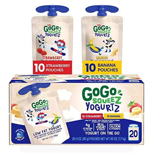 GoGo squeeZ yogurtZ 多种 装,Strawberry,Banana,3盎司. (20 Pouches)-Pantry 友好 儿童 零食 制造 来自 真实 Yogurt&水果,No Fridge 所需-No Preservatives-Kosher 认证-麸质 Fr