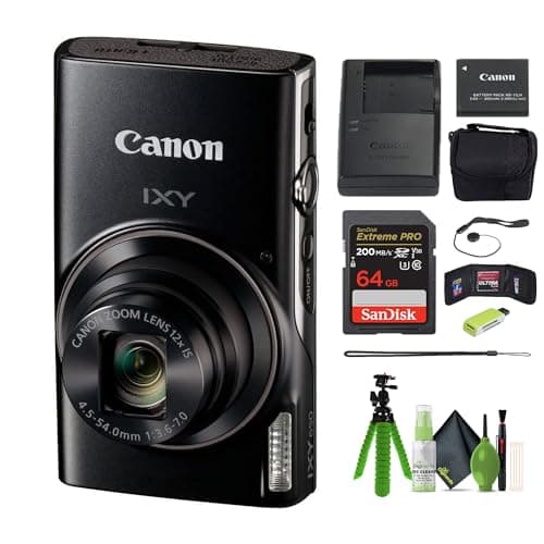 Canon IXY 650 紧凑 数字 相机 12x Optical Zoom IXY650 (黑色) 套装 带 64GB Memory Card+Camara 包+Card Reader+Vlogging Tripod+Cleaning 套件 和More