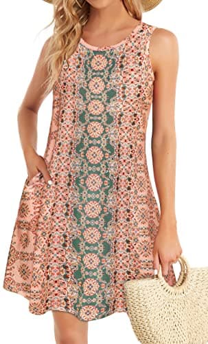 Sundress 适用于 女士 Floral Bohemian 连衣裙 Sleeveless 宽松 Aline 沙滩 保护罩 Up(粉色 波西米亚风 Flower,L)