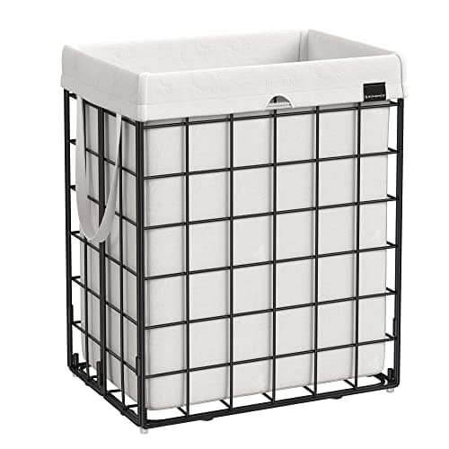 SONGMICS 洗衣 洗衣篮,23.8 Gal. (90L) 洗衣 篮,可折叠 衣物 洗衣篮,可拆卸 和可水洗 Liner,金属 Wire 框架,适用于 卧室 浴室,黑色 和白色 ULCB190W01