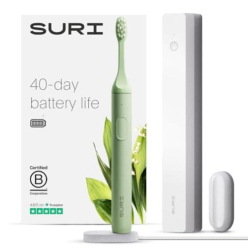 SURI Sustainable Sonic 牙刷-电动 牙刷 适用于 成人-Slim 和Powerful 旅行 牙刷 带 UV Cleaning 盒-Recyclable 植物-基于 头部,2 模式,镜子-Mount,和充电 支架
