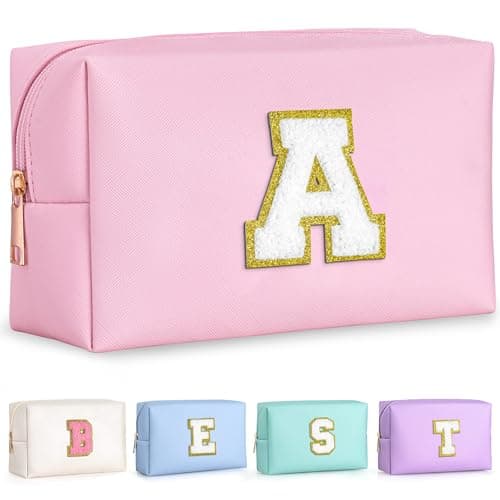 TOPEAST Preppy 化妆 包,Personalized Initial 包 带 Zipper,可爱 化妆 Pouch,PU 皮革 防水 化妆品 包,生日 礼物 适用于 Daughter,Preppy Things 适用于 女孩 (Letter A)